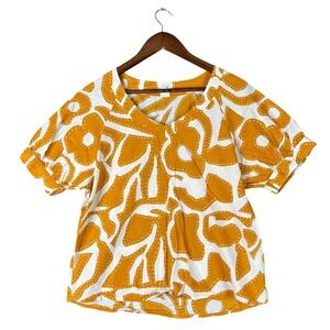 Ivu Jane Womens Mustard Yellow White Abstract Print V-Neck Puff Sleeve Top S/M